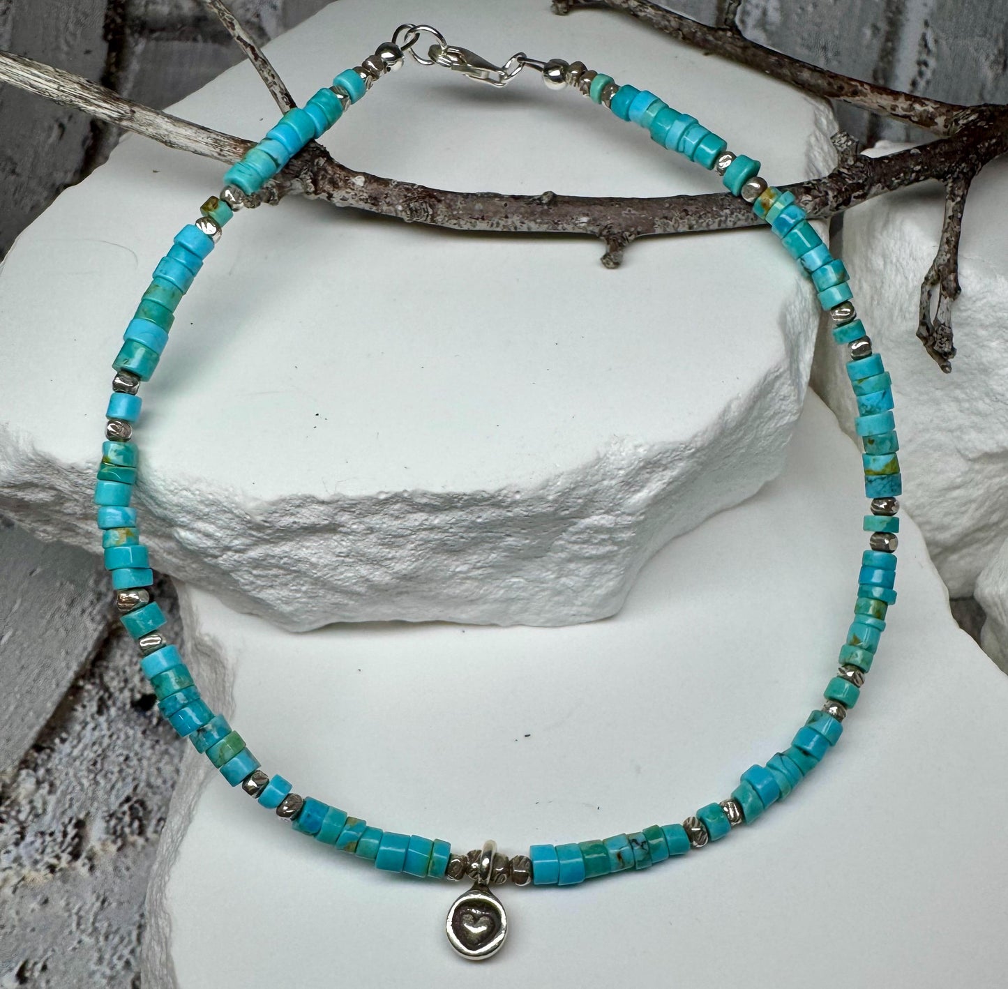 Turquoise Sterling Silver Ankle Bracelet, Heart Charm Ankle Bracelet, Sterling Ankle Jewelry, Gift for Her, Ankle Accessory, Gift Idea