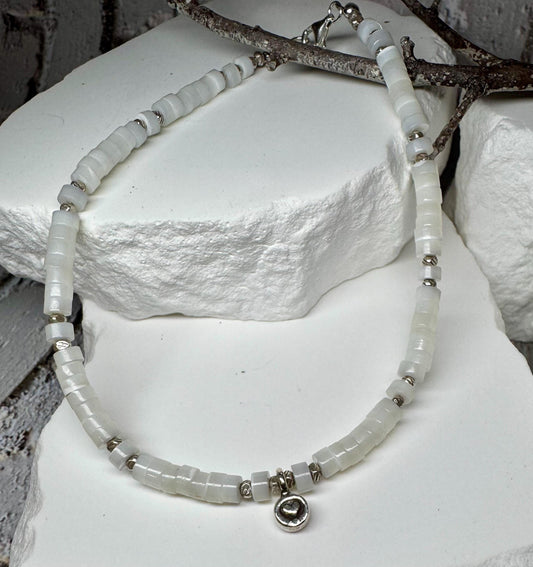 Mother of pearl sterling silver ankle bracelet with heart charm / ankle bracelet