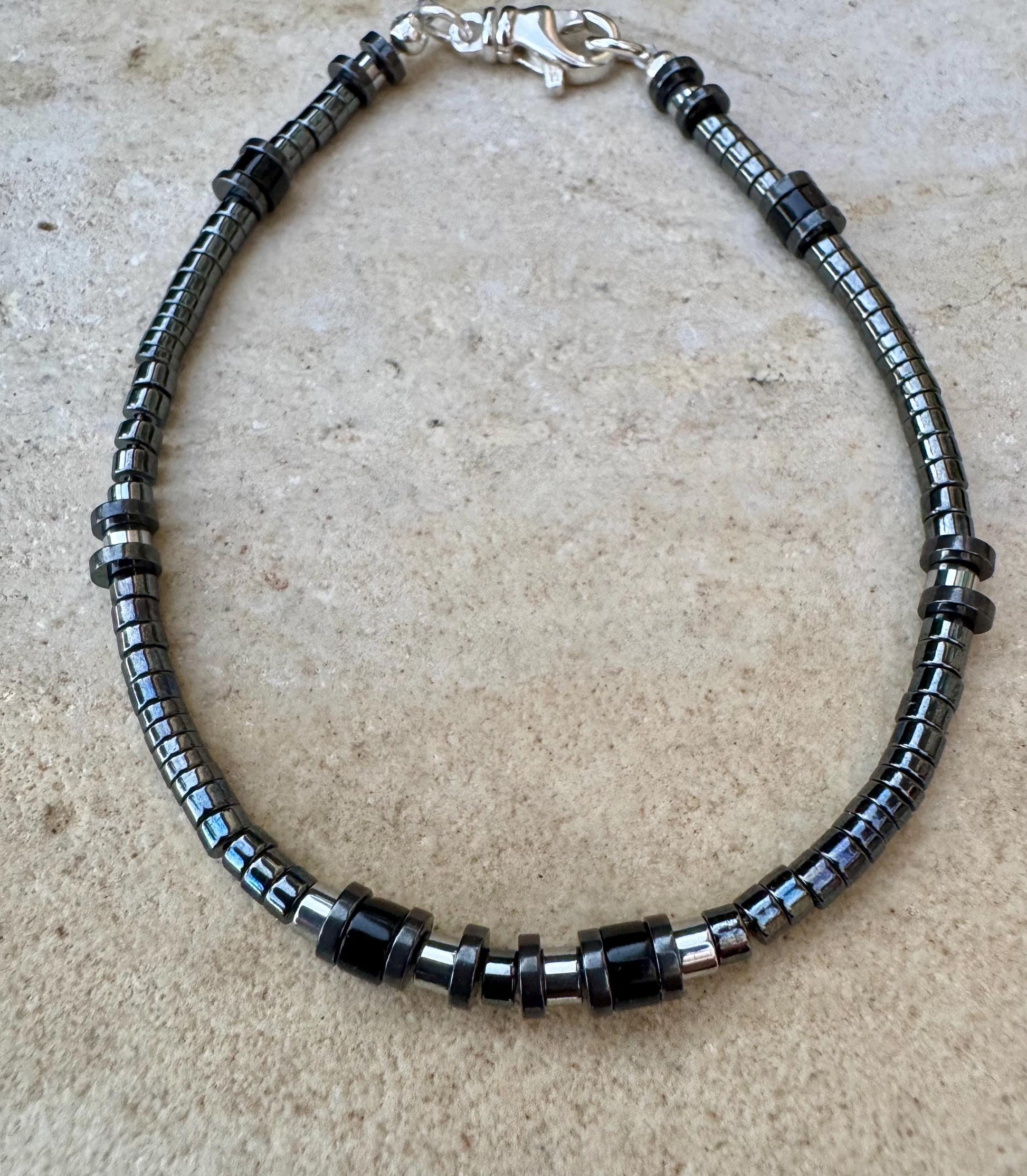 Hematite and Black Onyx Bracelet, Sterling Silver Beaded Bracelet, Gemstone Jewelry, Men's Bracelet, Gift for Him