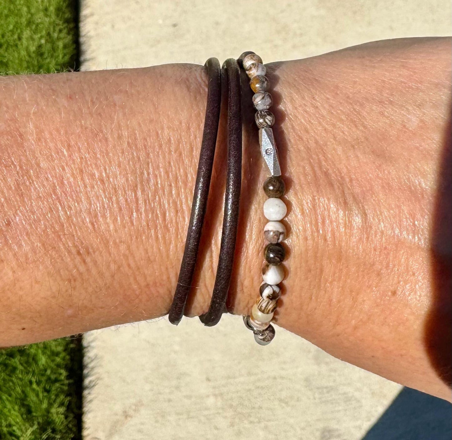 Leather wrap bracelet with petrified opal wood half cuff gemstones / beads