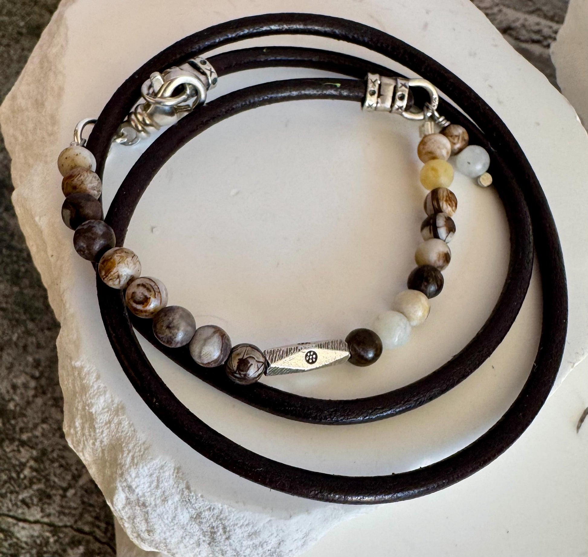 Leather wrap bracelet with petrified opal wood half cuff gemstones / beads