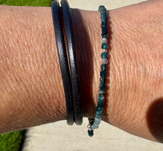Leather wrap bracelet with Tourmaline Paraiba Blue gemstones / beads