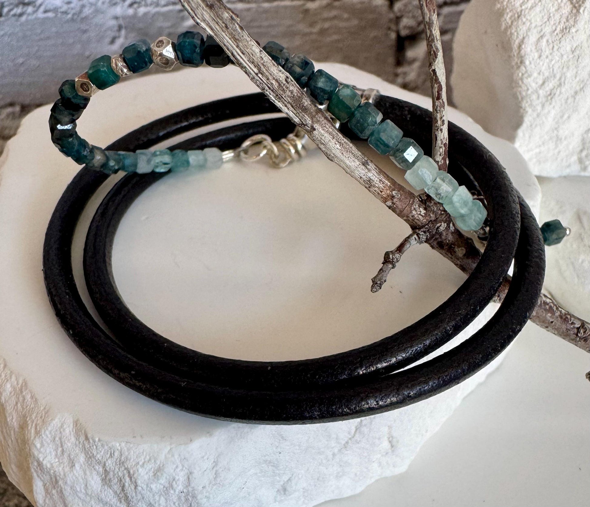 Leather wrap bracelet with Tourmaline Paraiba Blue gemstones / beads