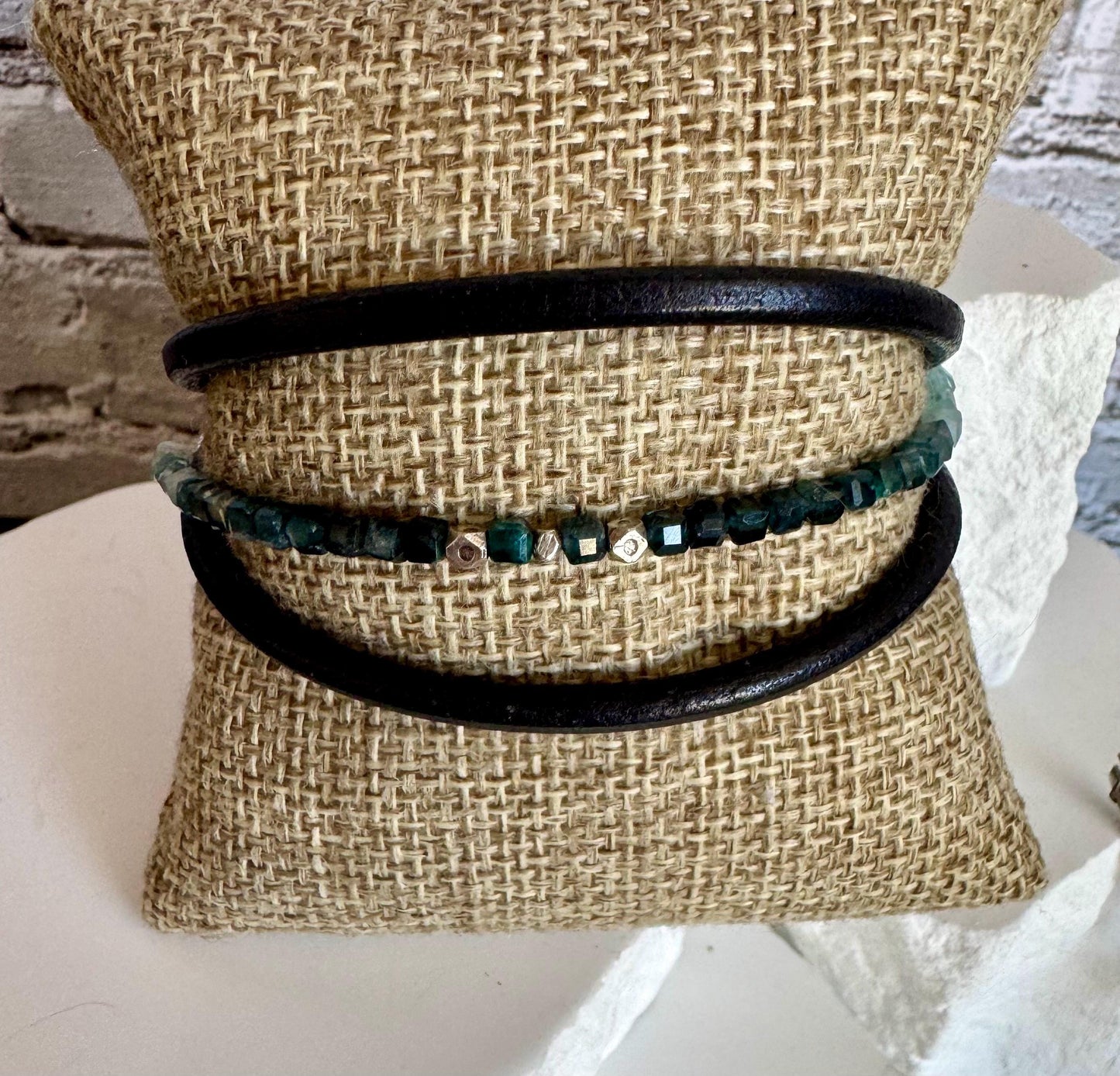 Leather wrap bracelet with Tourmaline Paraiba Blue gemstones / beads