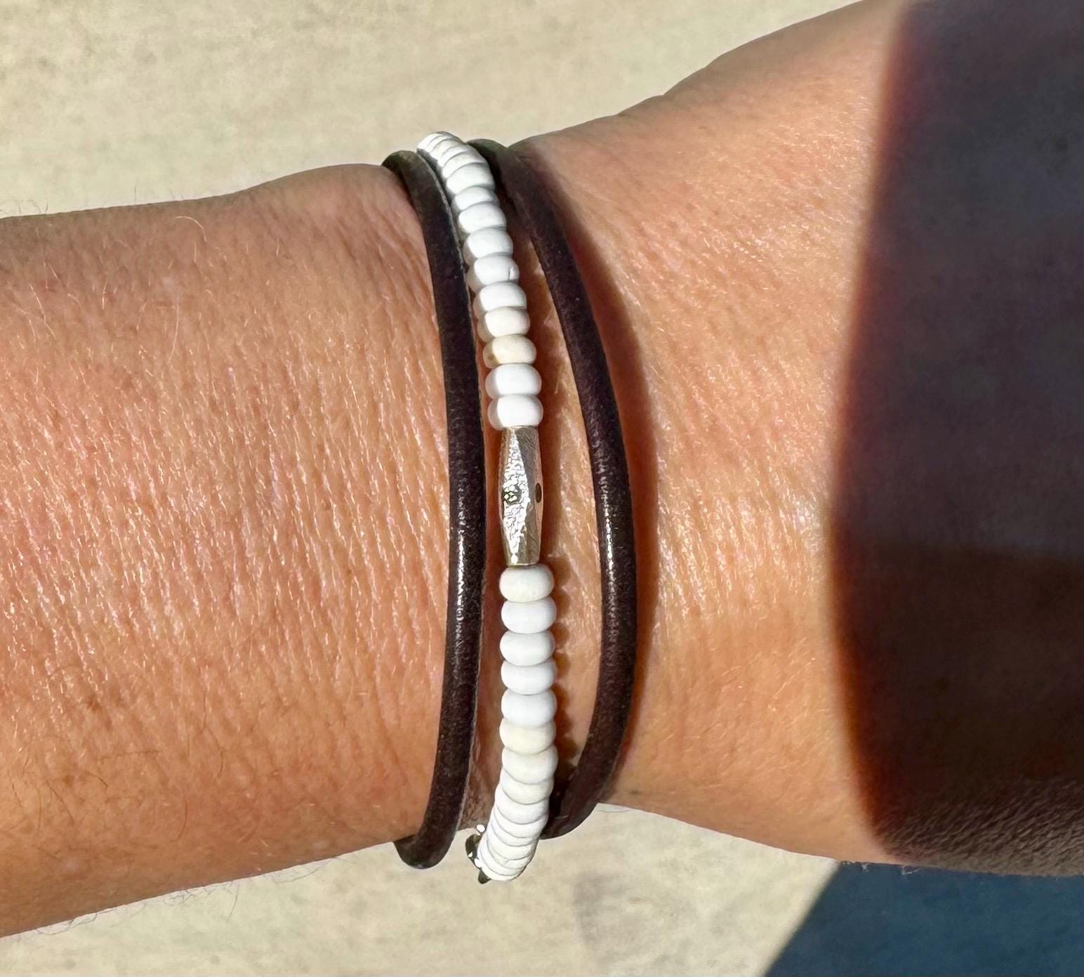 White turquoise leather wrap bracelet, genuine leather