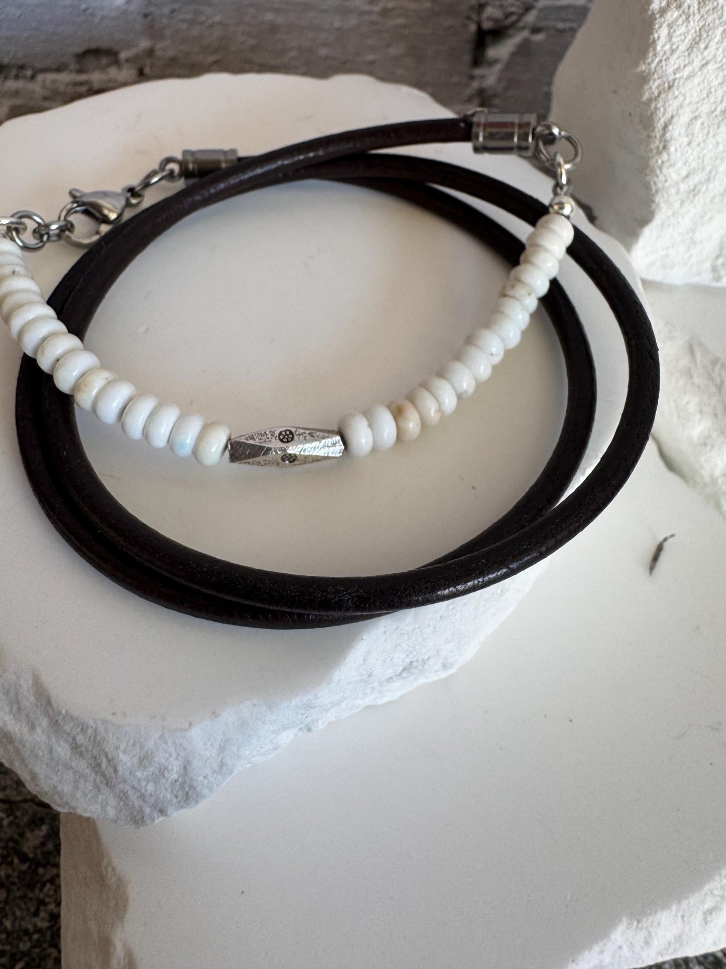 White turquoise leather wrap bracelet, genuine leather