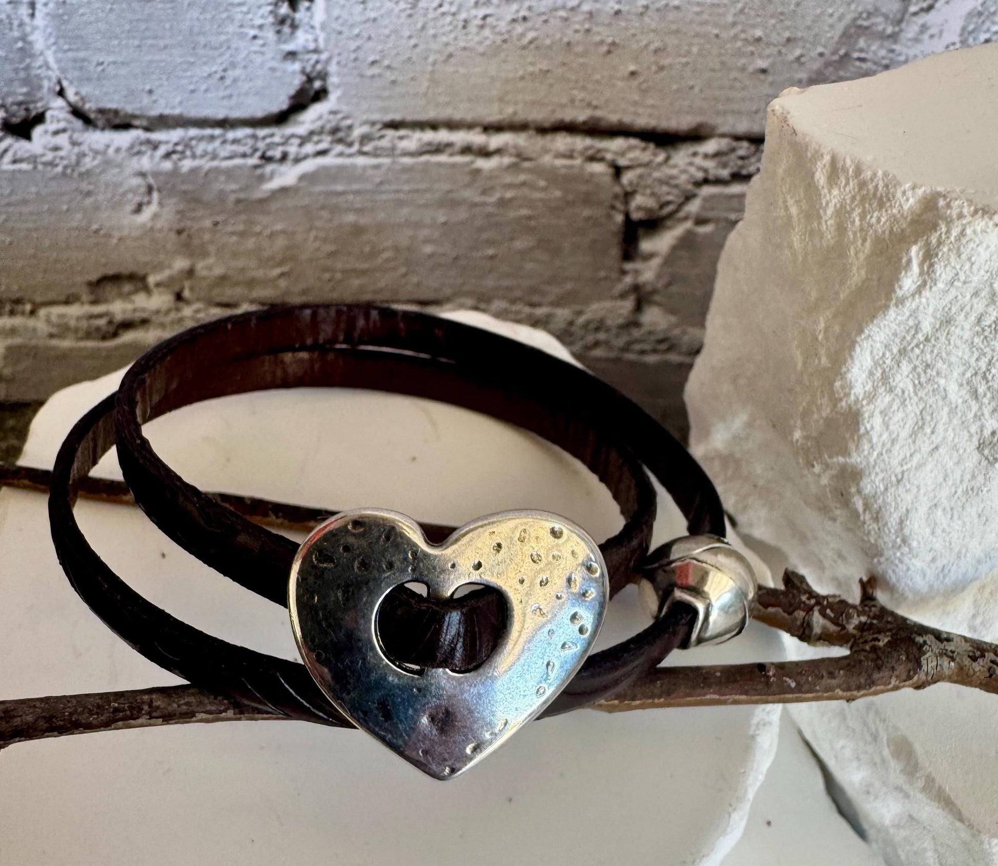 Leather wrap leather bracelet with heart pendant bracelet and magnet closure / embossed flower pattern or plain leather option