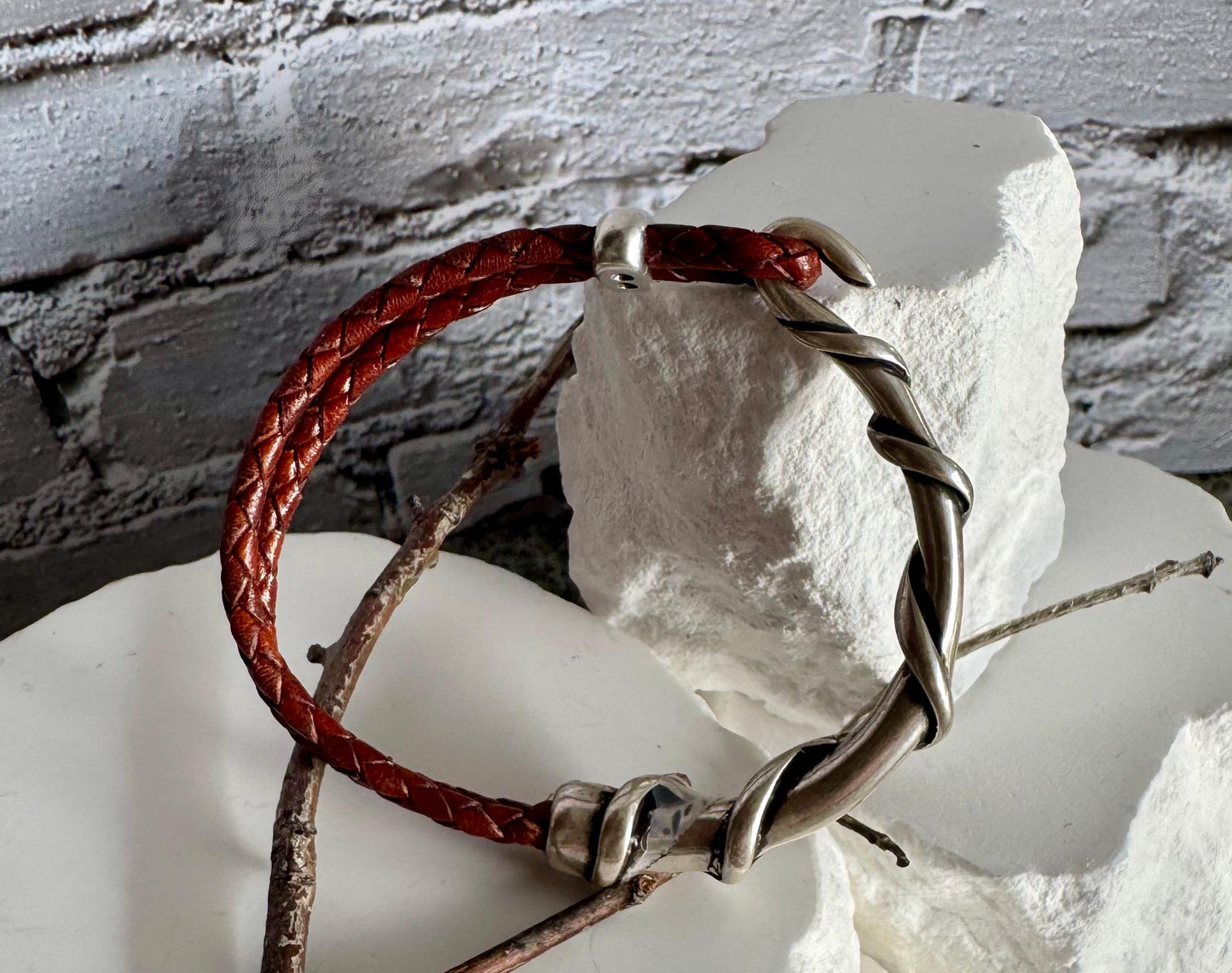 Braided leather wrap bracelet with silver half cuff / genuine leather cuff wrap bracelet