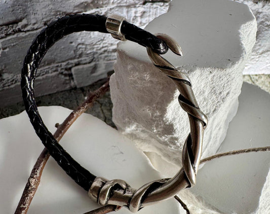 Braided leather wrap bracelet with silver half cuff / genuine leather cuff wrap bracelet