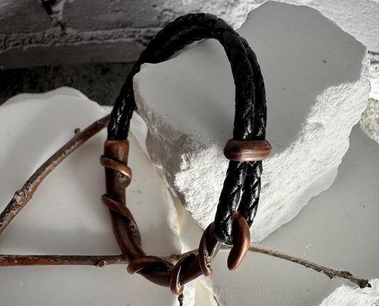 Braided leather bracelet with antique copper color wire wrap style cuff, brown or black leather option
