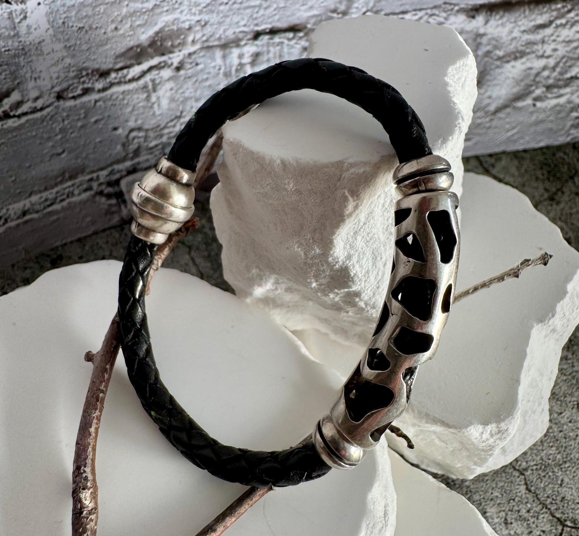 Braided leather bracelet with silver slider and magnet closure / wrap leather bracelet