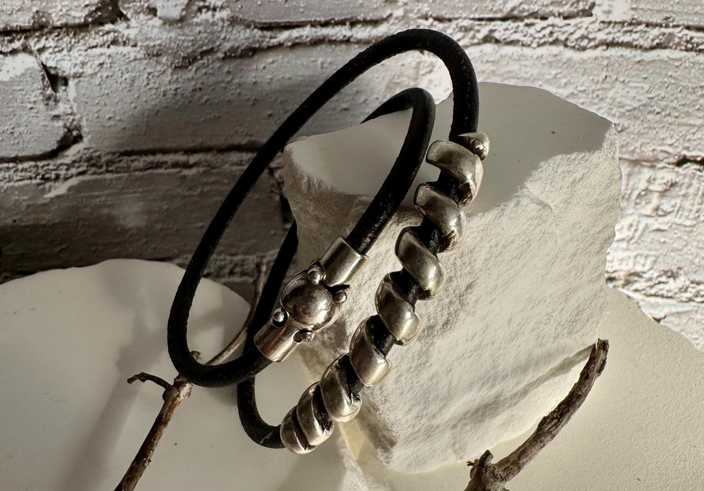 Leather bracelet with silver slider, magnet closure / wrap leather bracelet