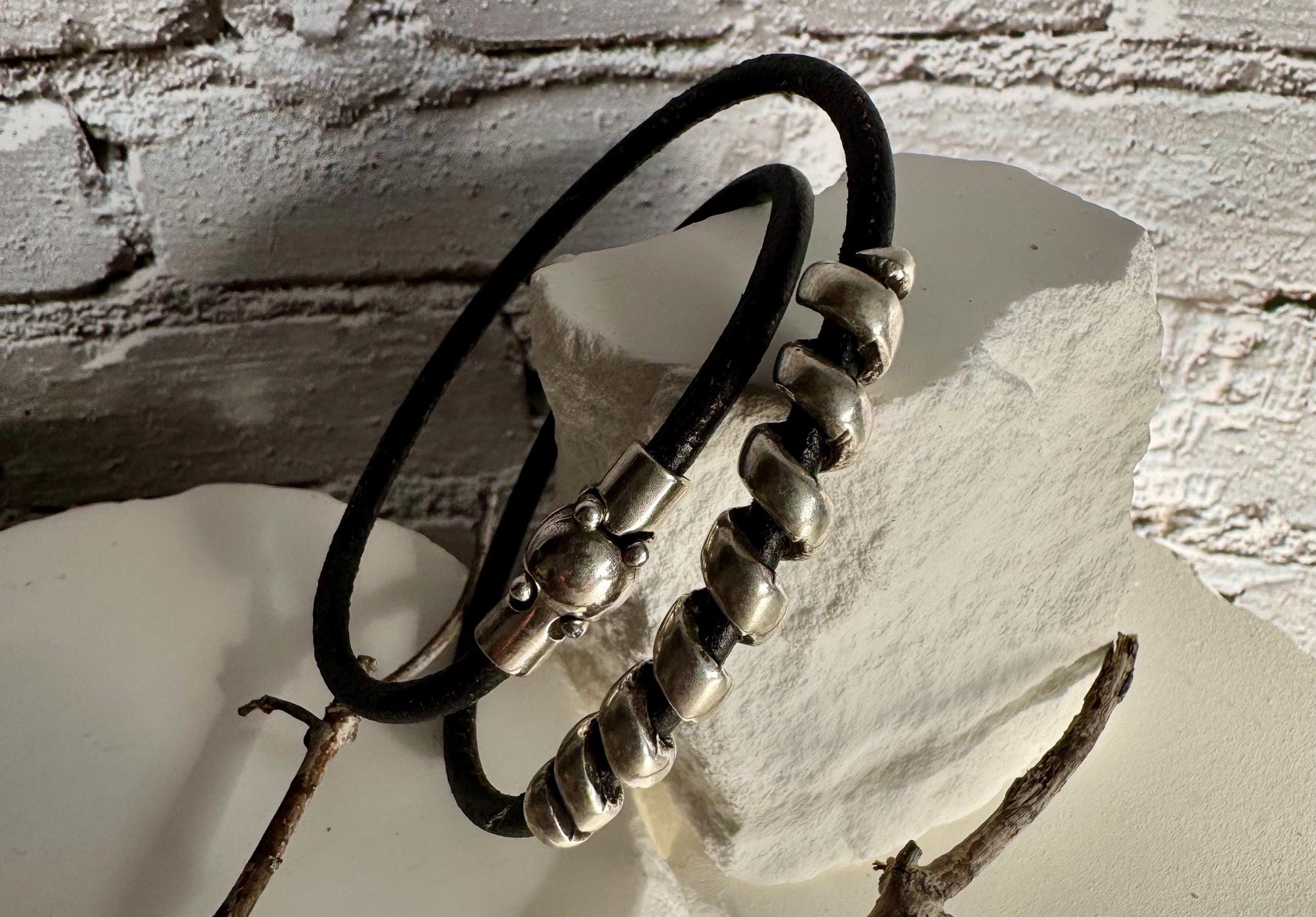 Leather bracelet with silver slider, magnet closure / wrap leather bracelet