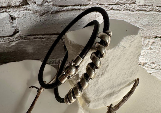 Leather bracelet with silver slider, magnet closure / wrap leather bracelet