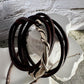 Square leather wrap bracelet with silver cuff, saddle or dark brown
