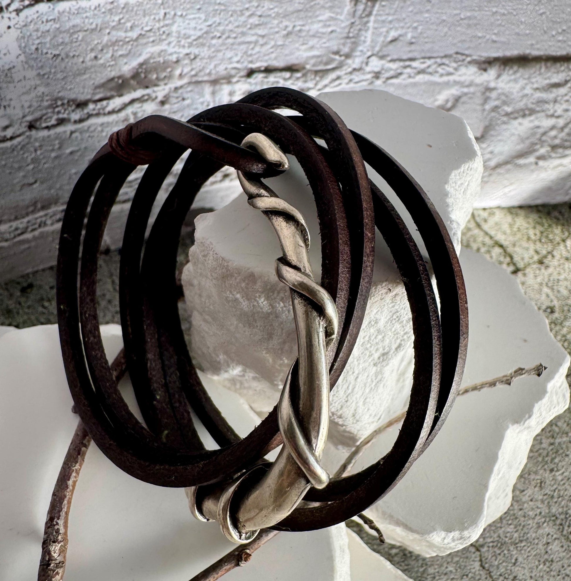 Square leather wrap bracelet with silver cuff, saddle or dark brown