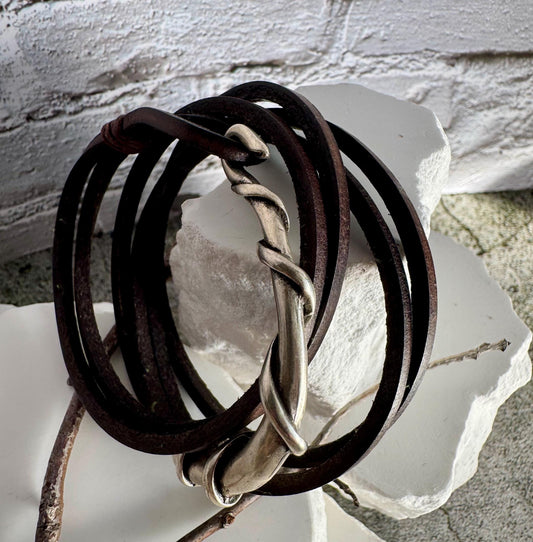 Square leather wrap bracelet with silver cuff, saddle or dark brown