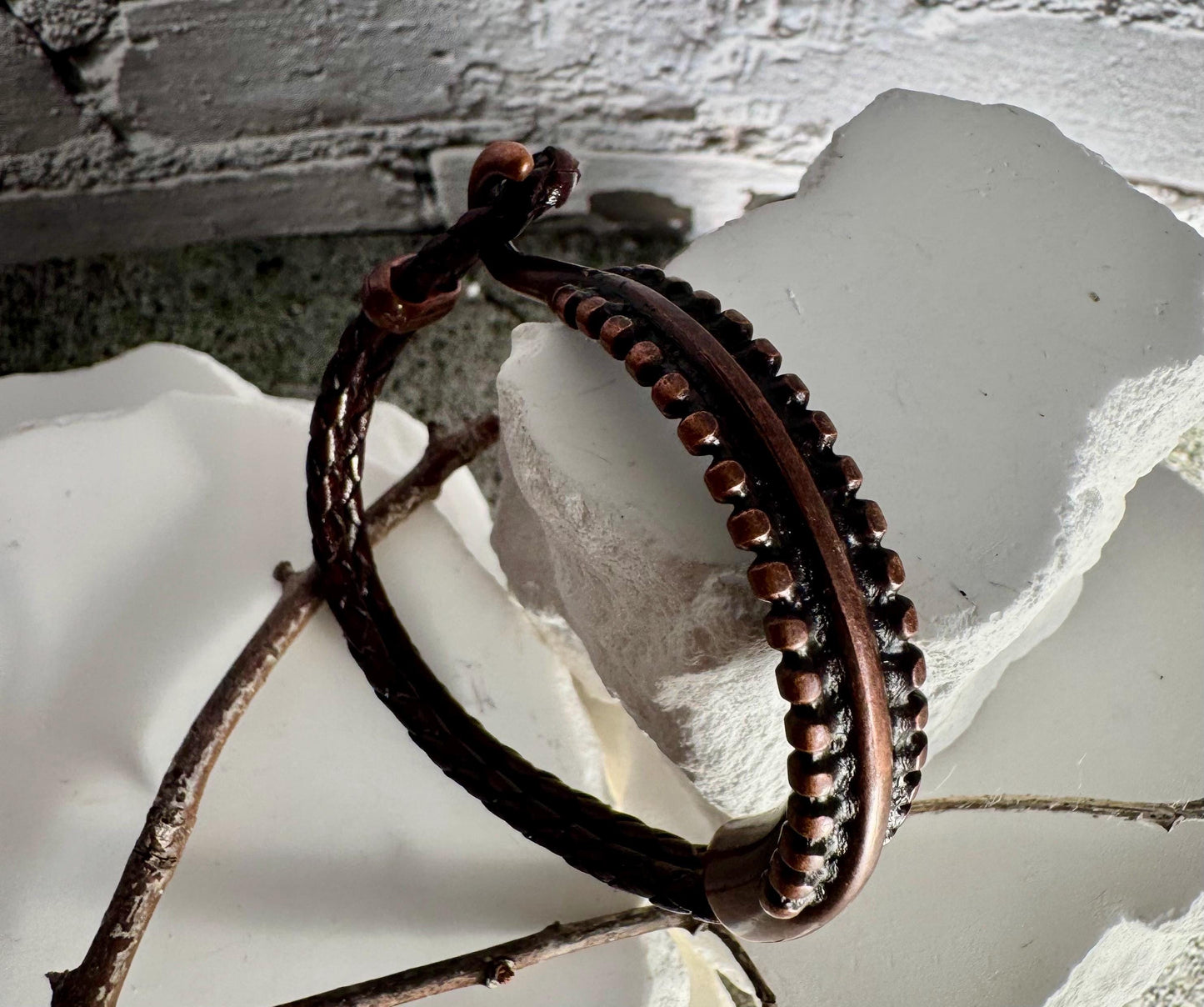 Leather bracelet with antique copper color cuff, dark brown or black leather option