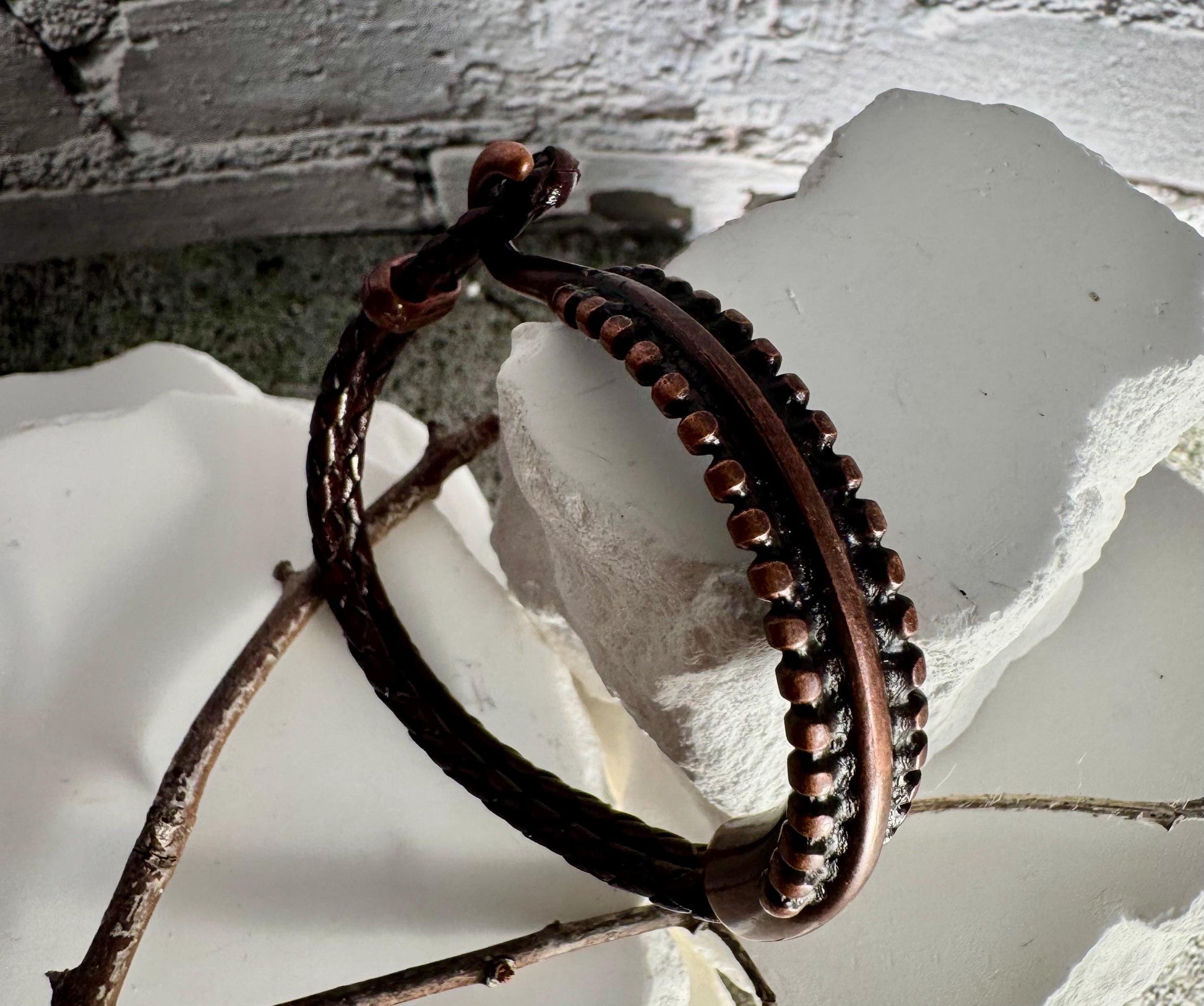 Leather bracelet with antique copper color cuff, dark brown or black leather option