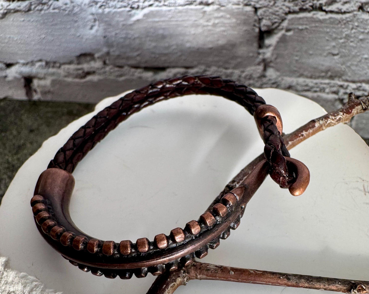 Leather bracelet with antique copper color cuff, dark brown or black leather option