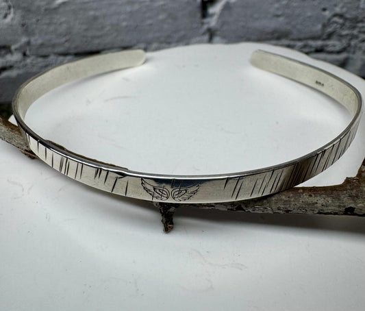Angel wing stamped sterling silver hammered cuff bracelet