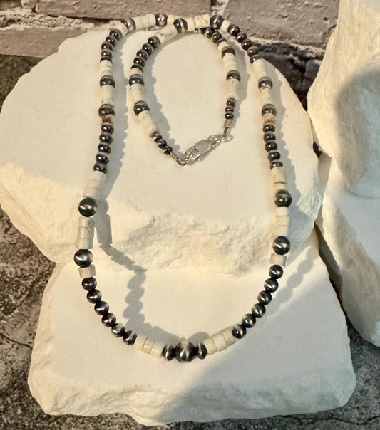 Navajo Pearl and White Turquoise Necklace, Sterling Silver Gemstone Beaded Necklace, Turquoise Choker, Authentic Navajo Pearl Necklace