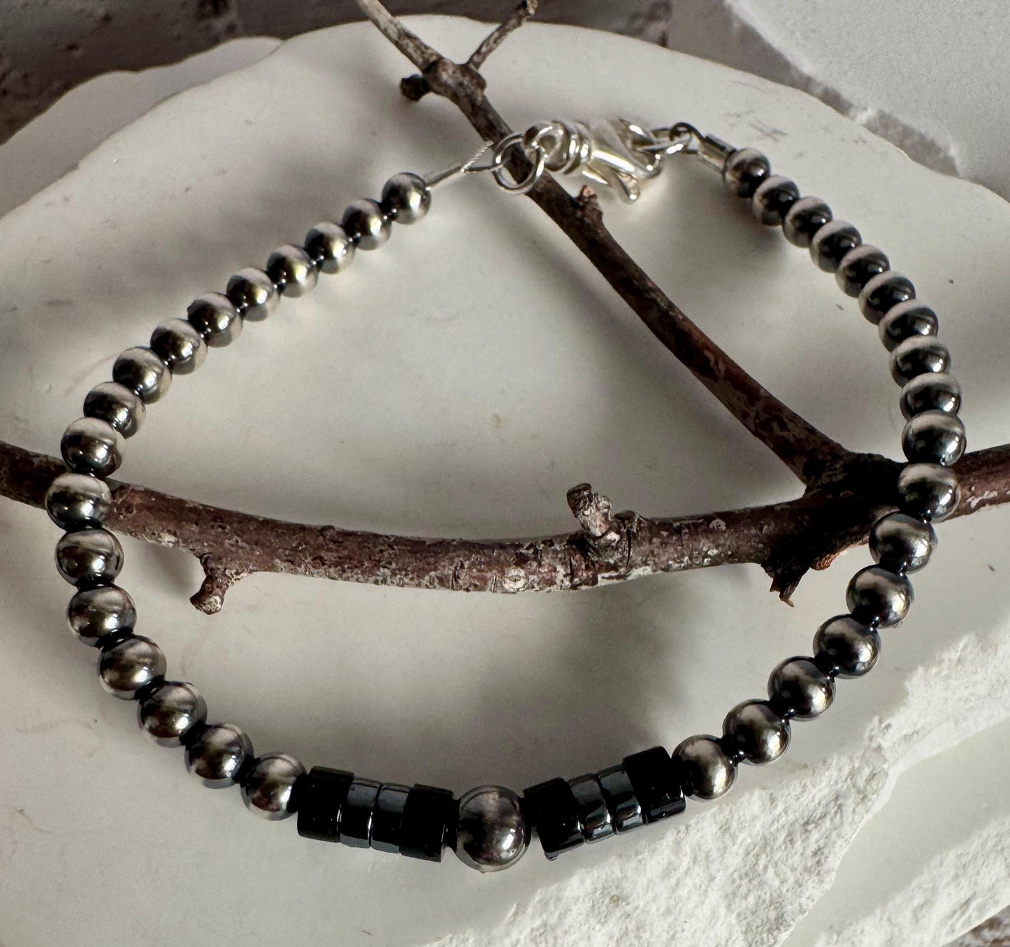Navajo Pearl Bracelet with Black Onyx, Hematite Beaded Bracelet, Sterling Silver Bracelet, Gemstone Jewelry, Bracelet Gift