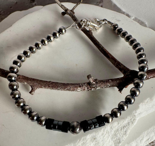 Navajo Pearl Bracelet with Black Onyx, Hematite Beaded Bracelet, Sterling Silver Bracelet, Gemstone Jewelry, Bracelet Gift
