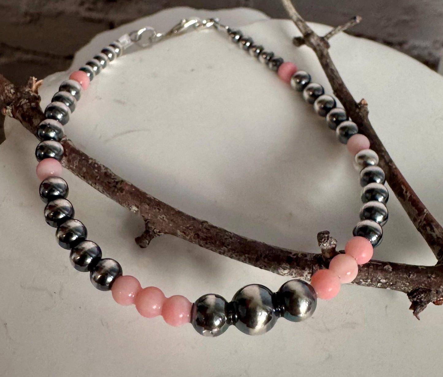 Navajo pearl with angel skin pink coral gemstone bracelet / sterling silver beaded gemstone bracelet