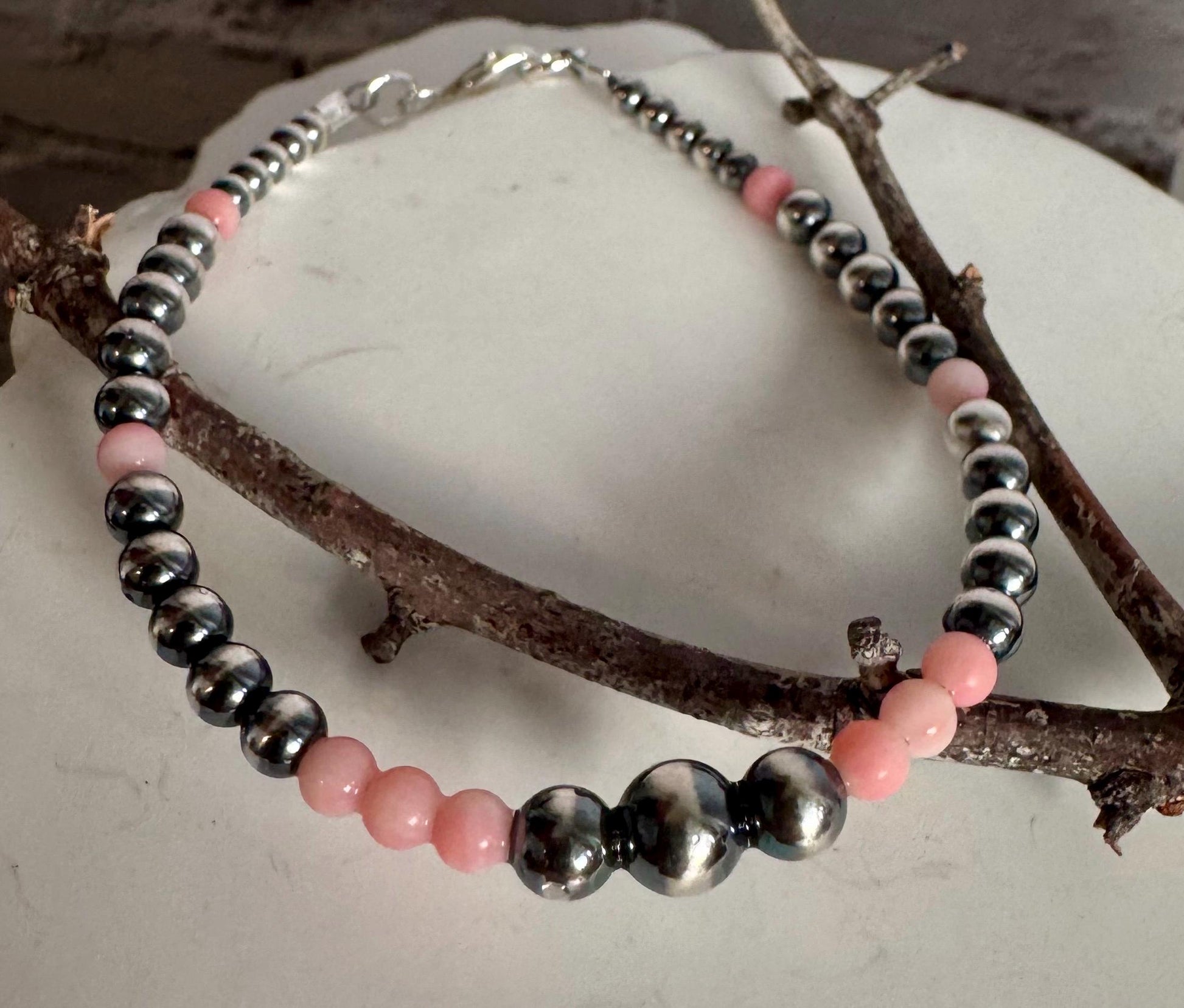 Navajo pearl with angel skin pink coral gemstone bracelet / sterling silver beaded gemstone bracelet