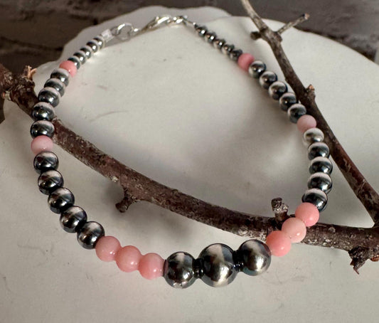 Navajo pearl with angel skin pink coral gemstone bracelet / sterling silver beaded gemstone bracelet