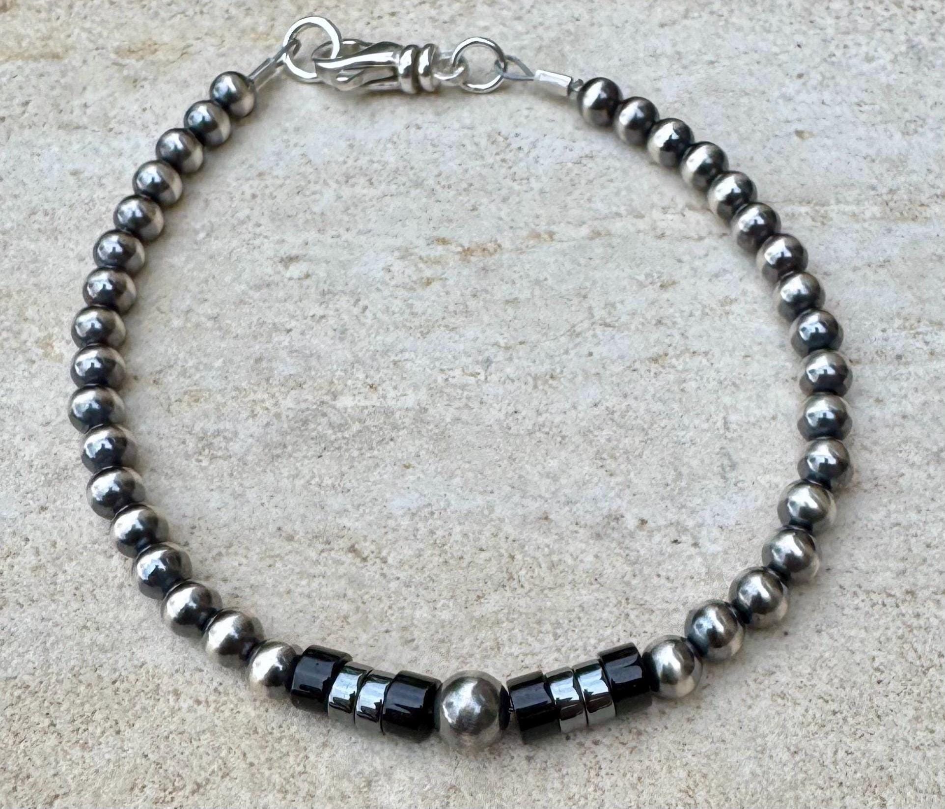 Navajo Pearl Bracelet with Black Onyx, Hematite Beaded Bracelet, Sterling Silver Bracelet, Gemstone Jewelry, Bracelet Gift