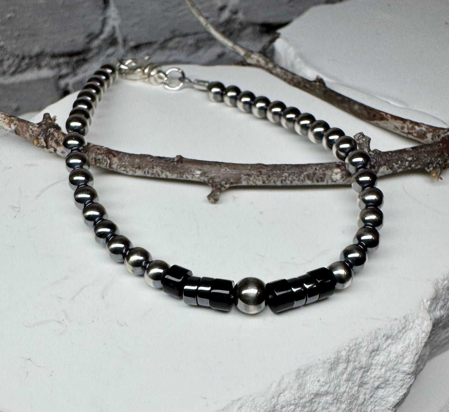 Navajo Pearl Bracelet with Black Onyx, Hematite Beaded Bracelet, Sterling Silver Bracelet, Gemstone Jewelry, Bracelet Gift
