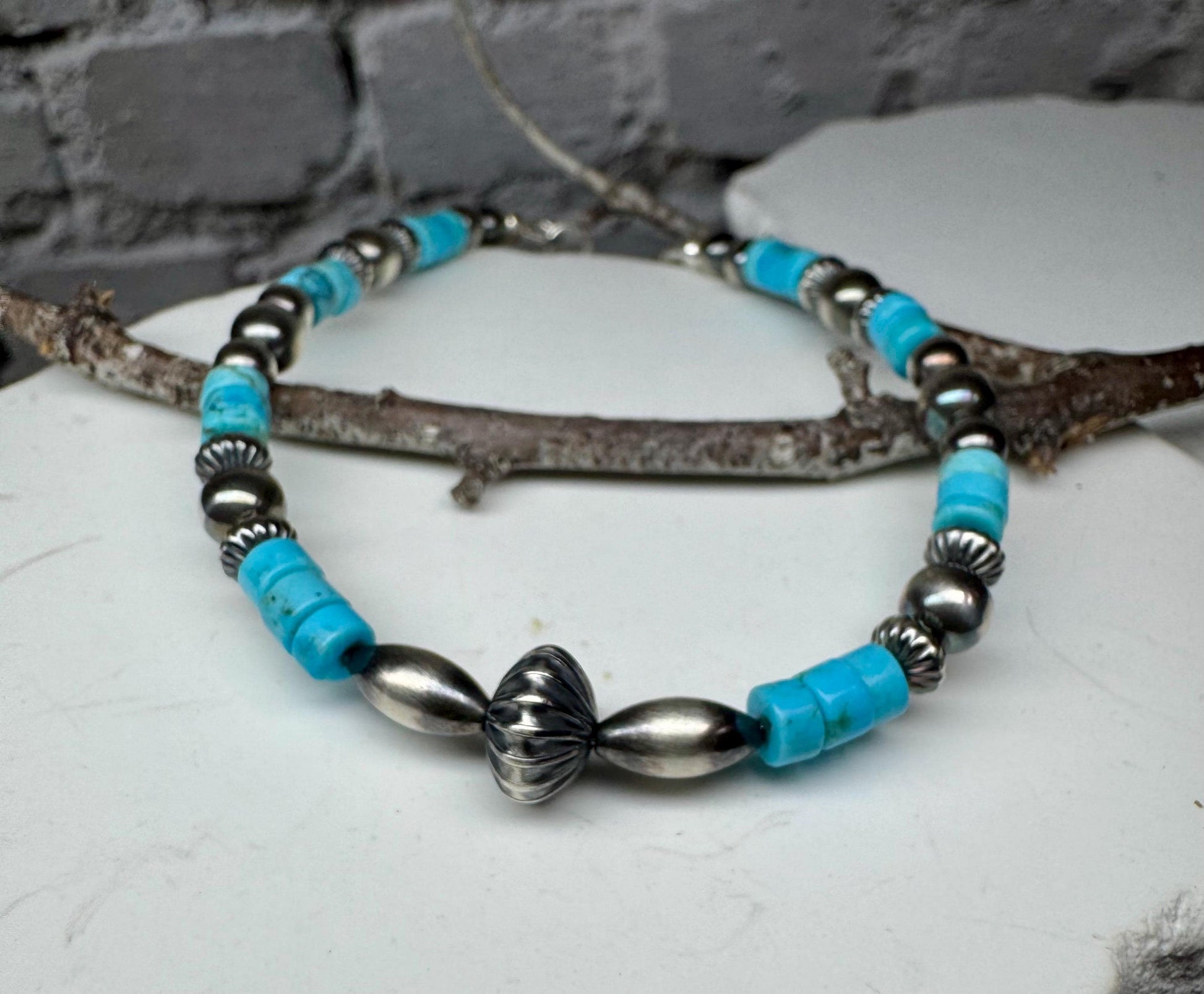 Turquoise Navajo pearl torpedo bracelet / beaded gemstone sterling silver bracelet
