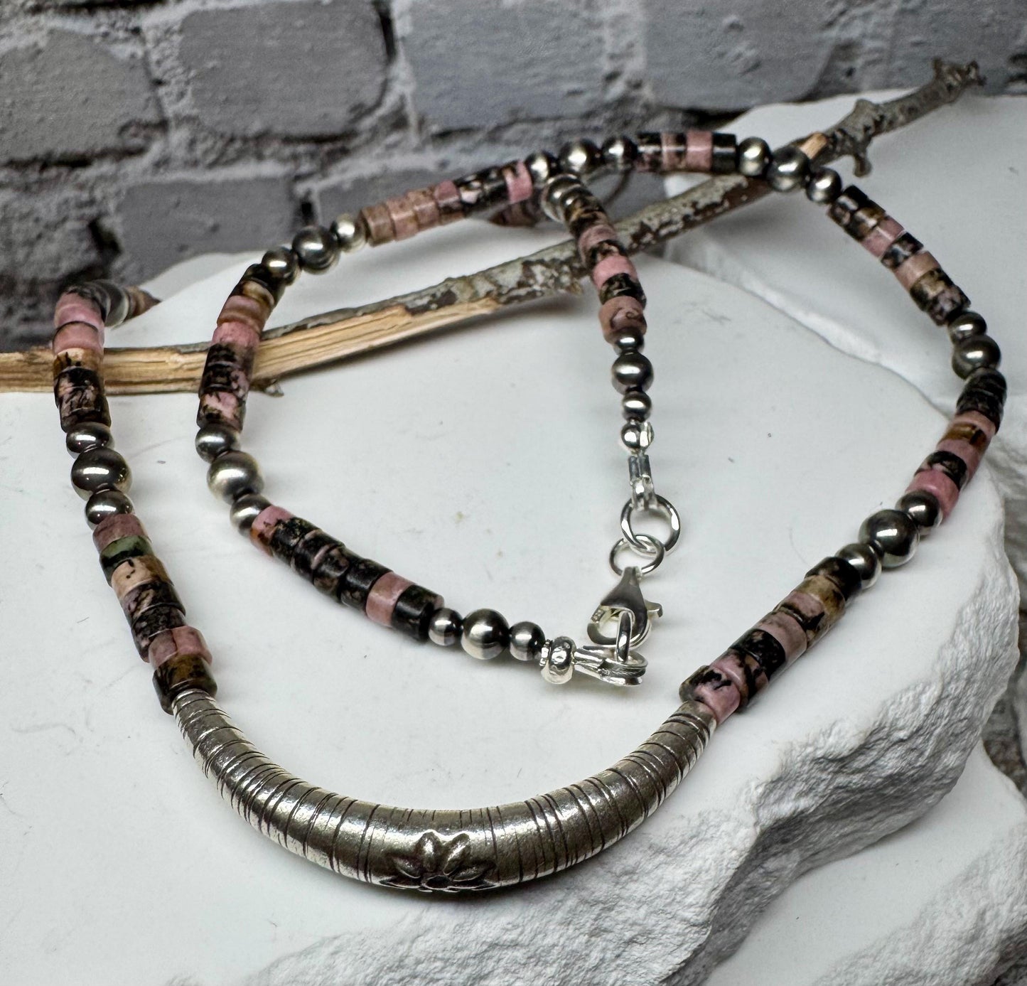 Navajo Pearl and Black Pink Rhodonite Necklace, Beaded Sterling Silver Necklace, Authentic Navajo Pearl Necklace Jewelry