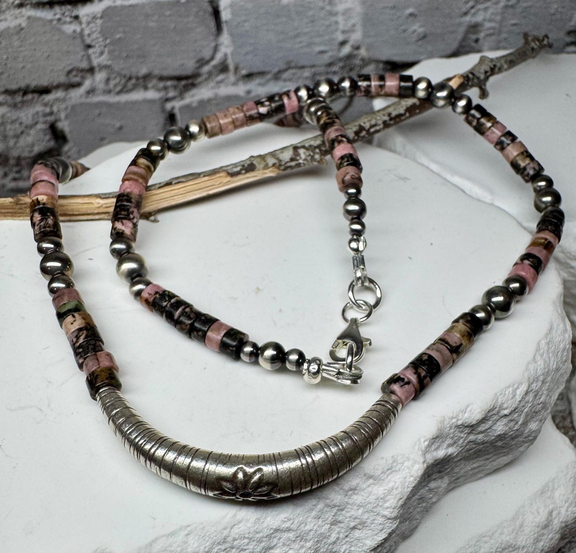 Navajo Pearl and Black Pink Rhodonite Necklace, Beaded Sterling Silver Necklace, Authentic Navajo Pearl Necklace Jewelry