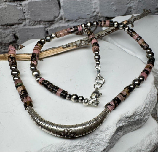 Navajo Pearl and Black Pink Rhodonite Necklace, Beaded Sterling Silver Necklace, Authentic Navajo Pearl Necklace Jewelry