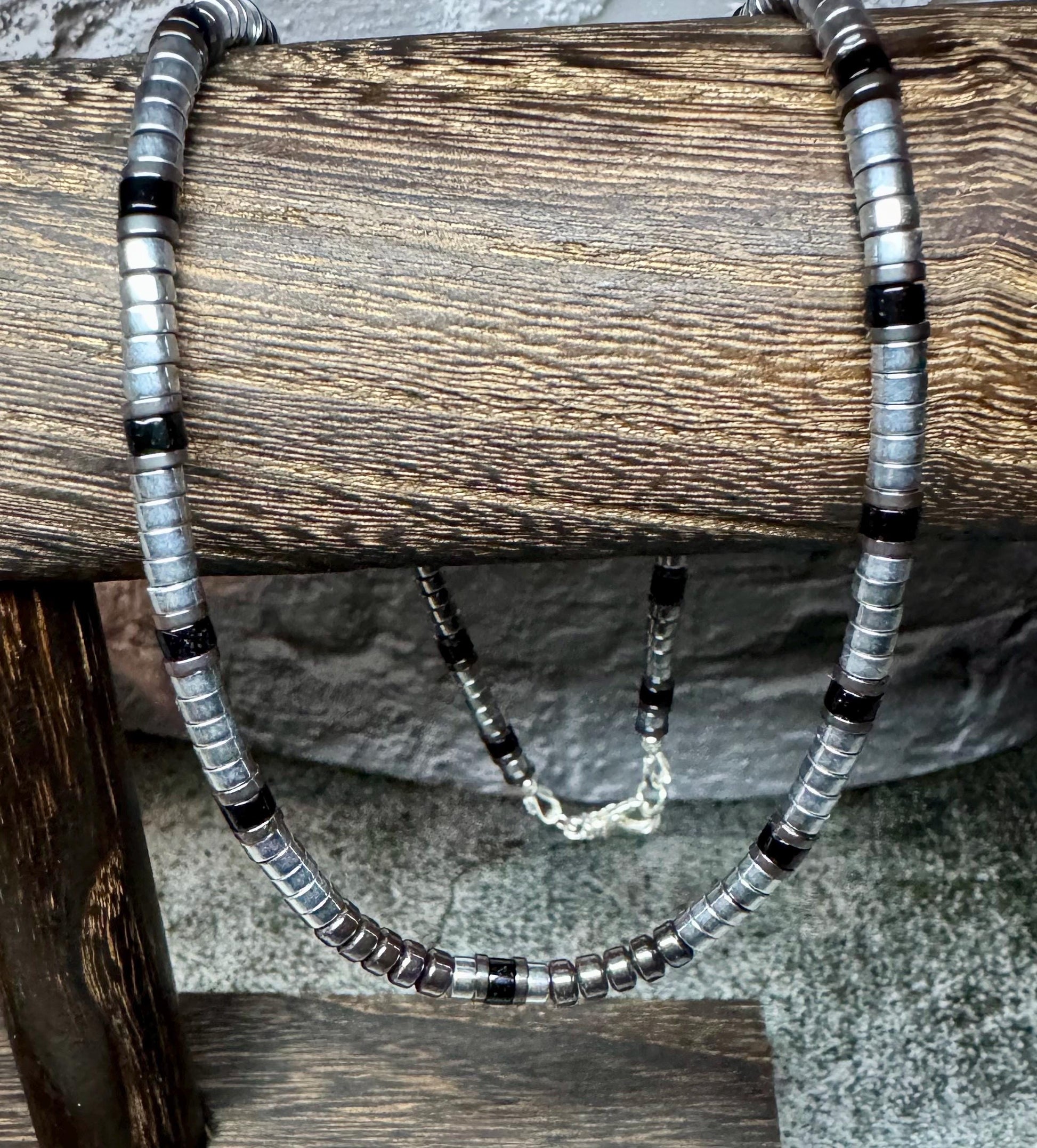 Hematite and Black Onyx gemstone necklace / sterling silver gemstone beaded necklace