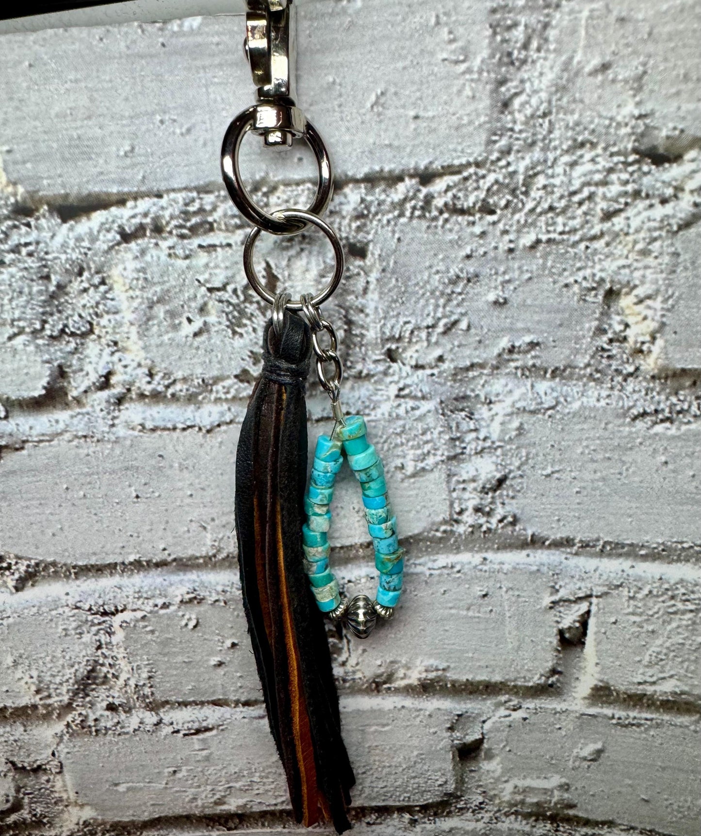 Kingman turquoise keychain with multi color leather tassel