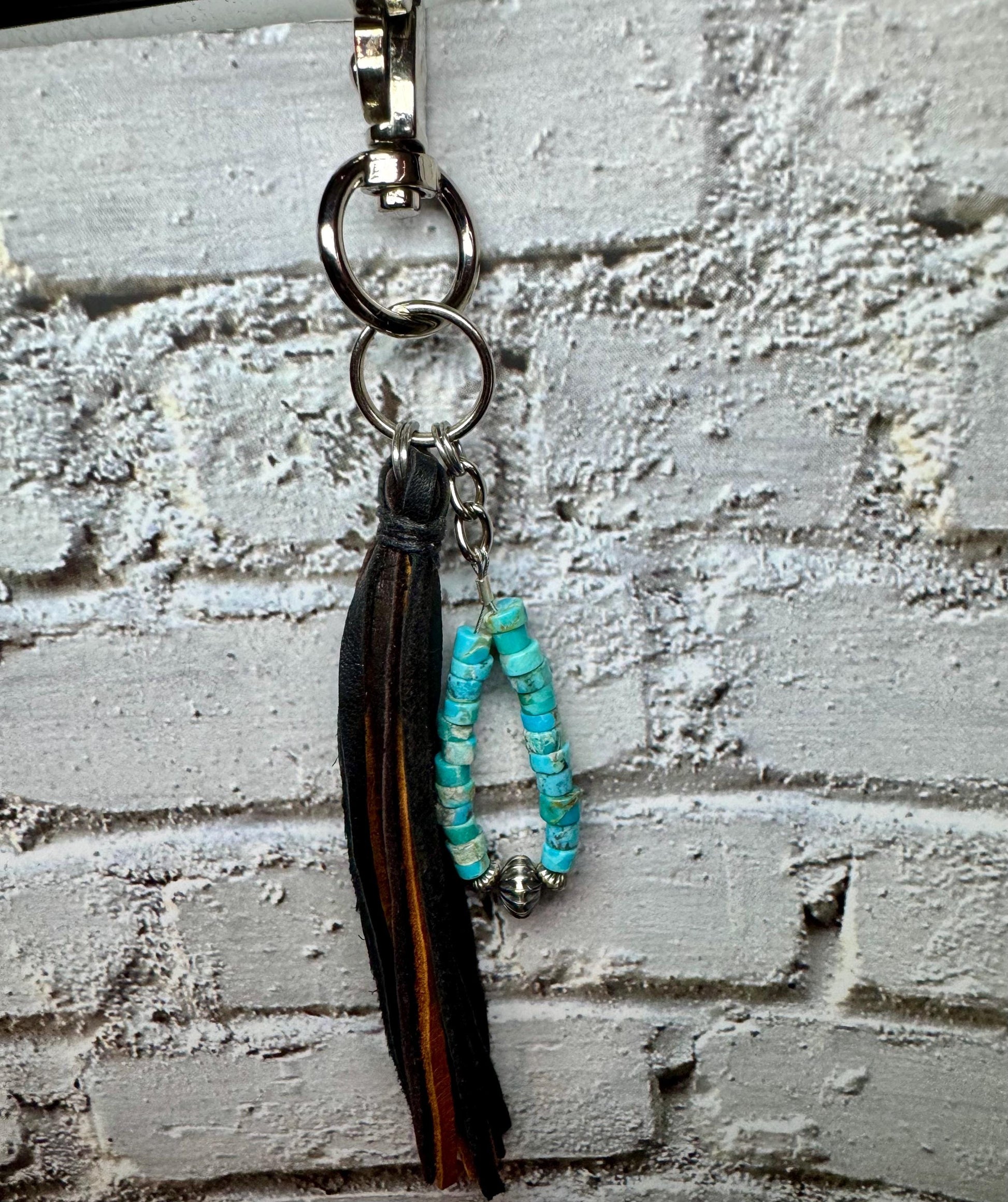 Kingman turquoise keychain with multi color leather tassel