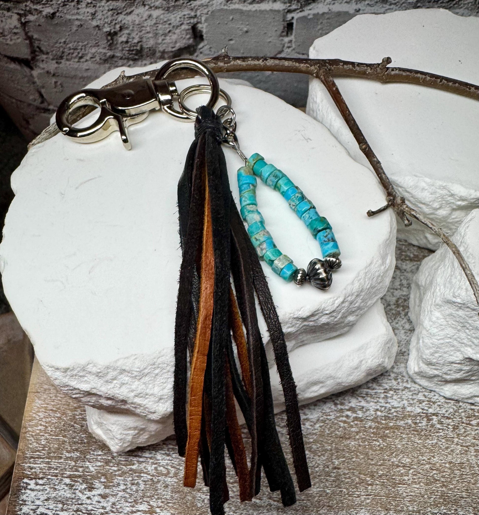 Kingman turquoise keychain with multi color leather tassel