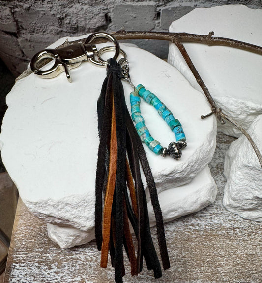 Kingman turquoise keychain with multi color leather tassel