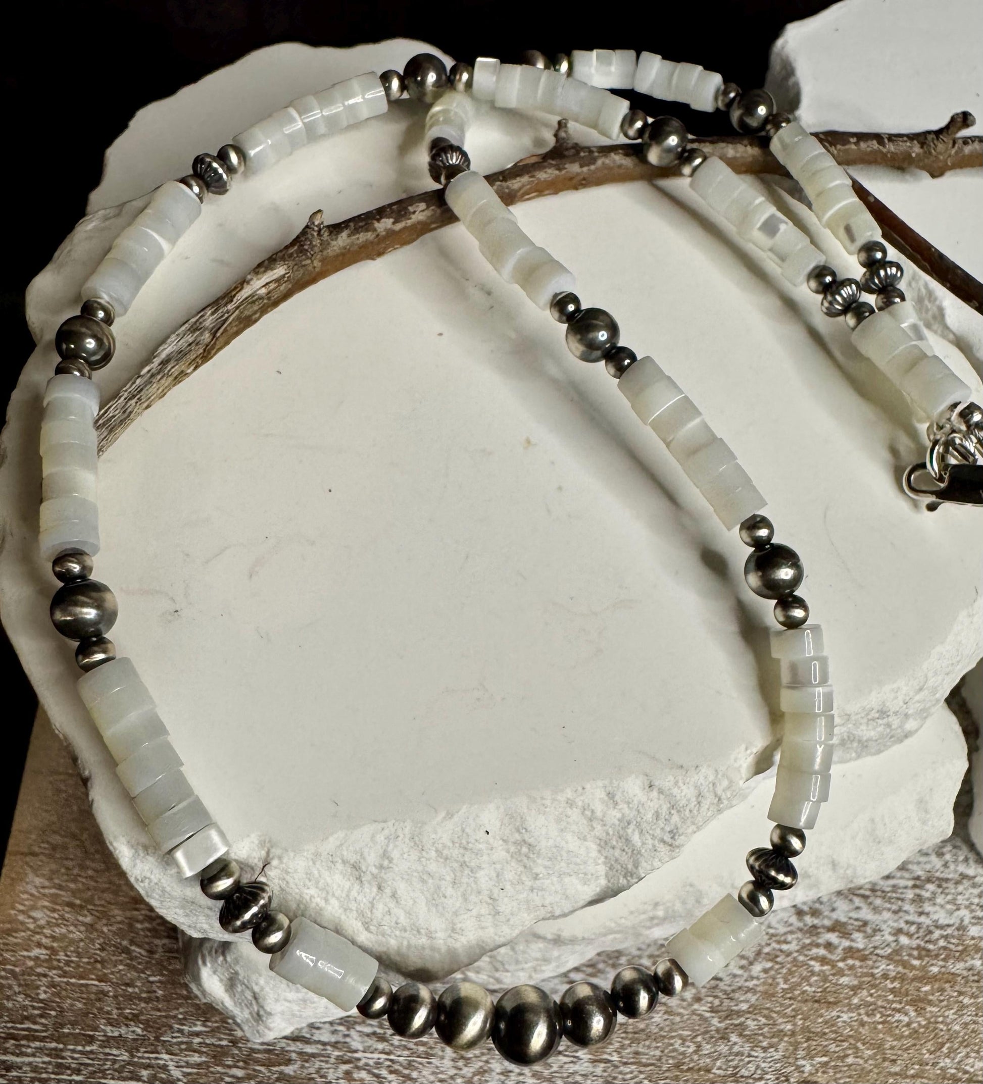 Navajo Pearl & Mother of Pearl Necklace, Gemstone Beaded Choker, Sterling Silver Necklace, Southwest Jewelry, Timeless Elegant Gift