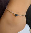 Sterling silver ankle bracelet with tiny heart connector, monogram charm ankle bracelet