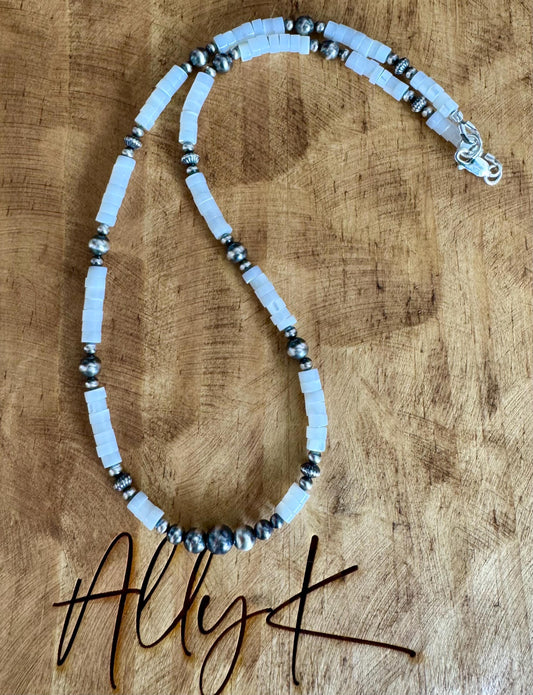 Navajo Pearl & Mother of Pearl Necklace, Gemstone Beaded Choker, Sterling Silver Necklace, Southwest Jewelry, Timeless Elegant Gift