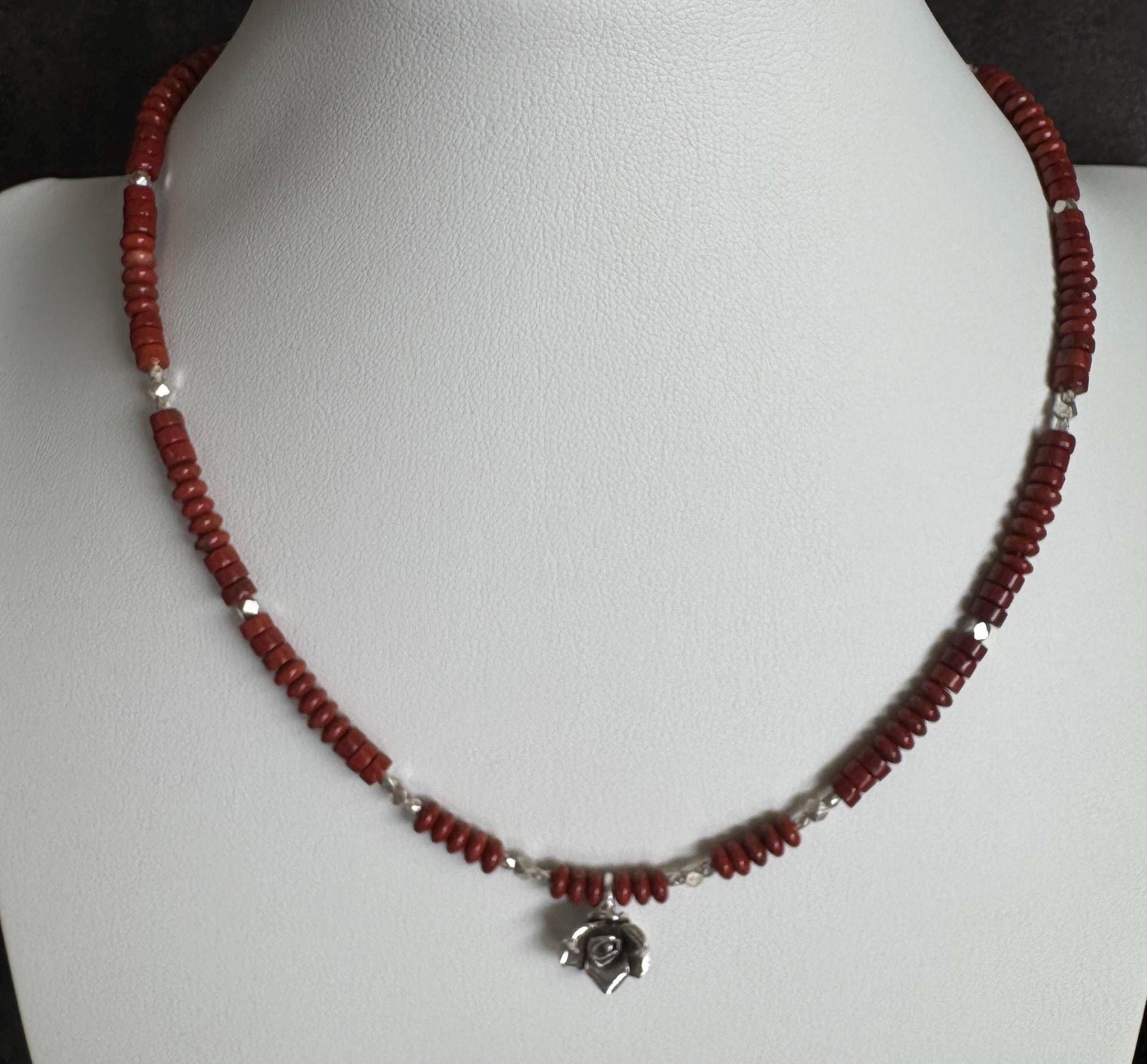Red Creek Jasper gemstone necklace with sterling silver spacers and rose flower pendant
