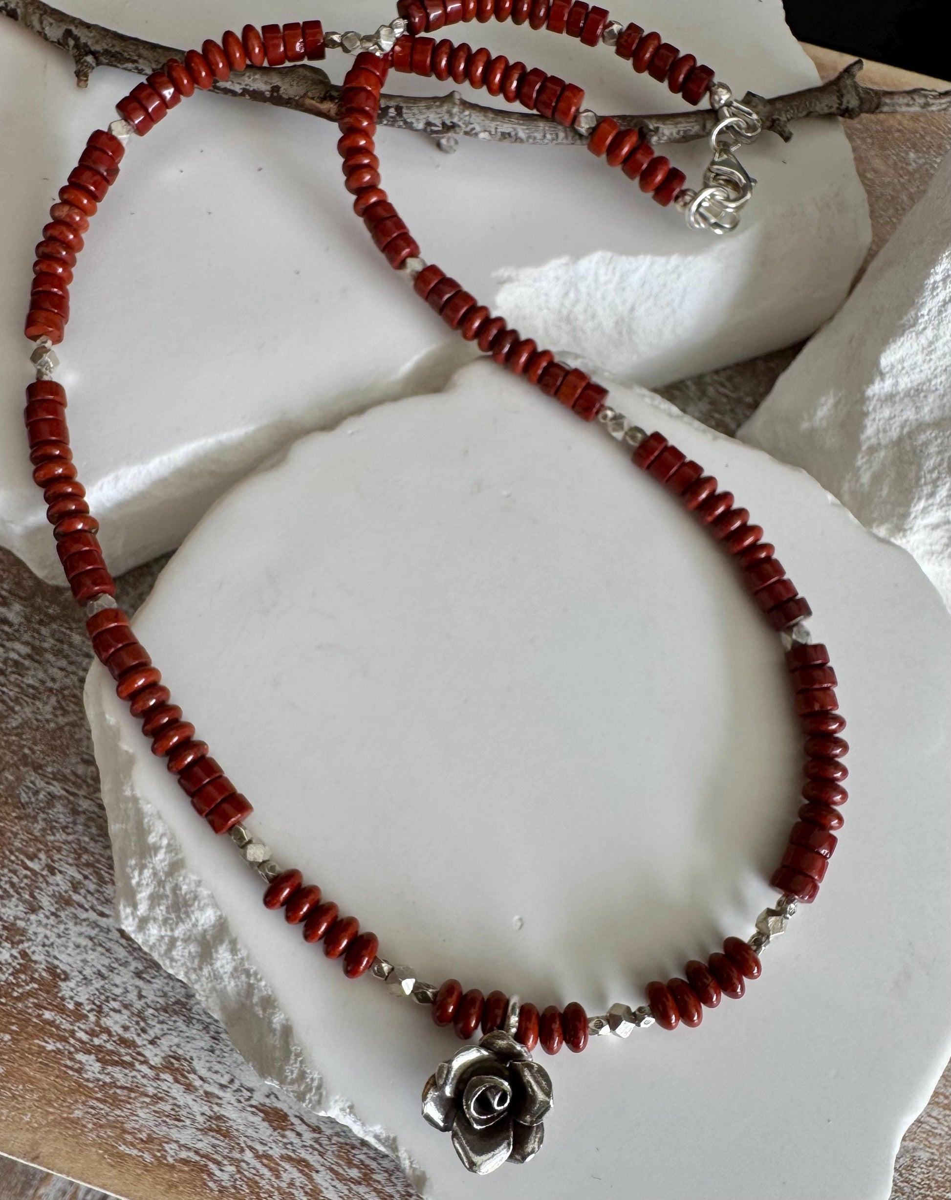 Red Creek Jasper gemstone necklace with sterling silver spacers and rose flower pendant