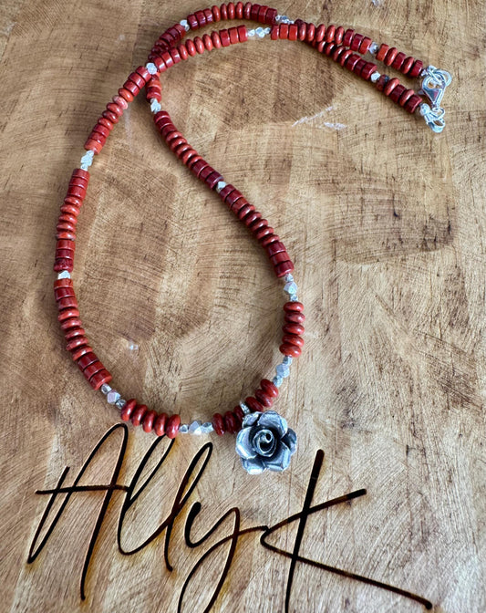 Red Creek Jasper gemstone necklace with sterling silver spacers and rose flower pendant