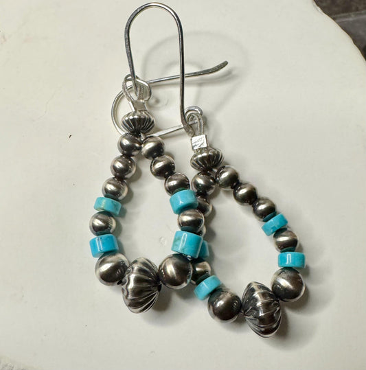Navajo pearl and turquoise hoop teardrop dangle style, sterling silver earrings / turquoise earrings