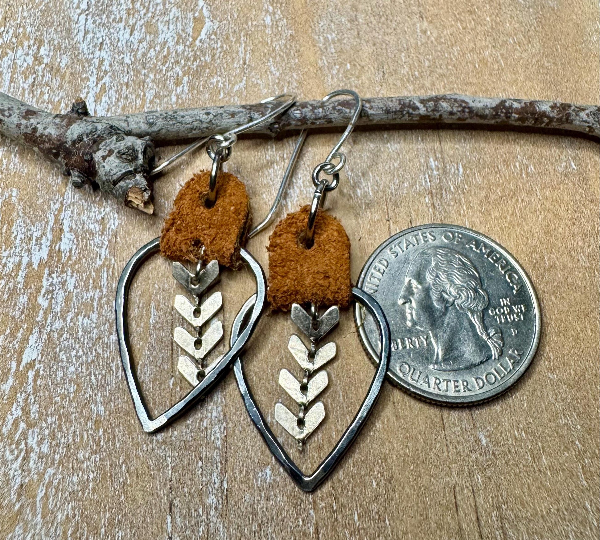 Leather teardrop earrings with chevron chain / genuine suede leather earrings